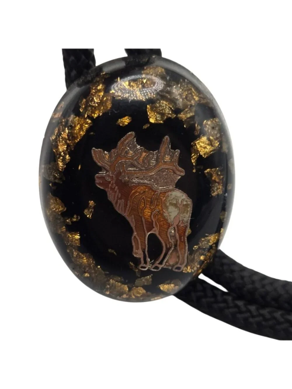 Vintage Elk Bolo Tie Cowboy Western Wear Black Gold Flakes Necktie Necklace